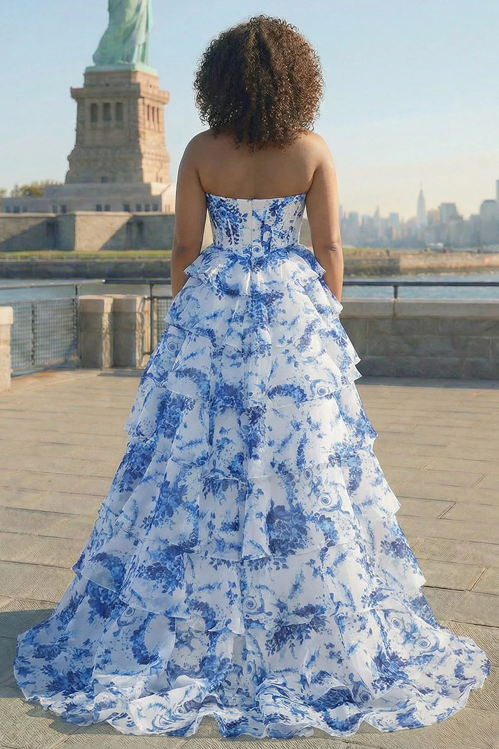 Blue White Flower A-Line Basque Waist Tiered Long Plus Size Prom Dress with Slit - Image 2
