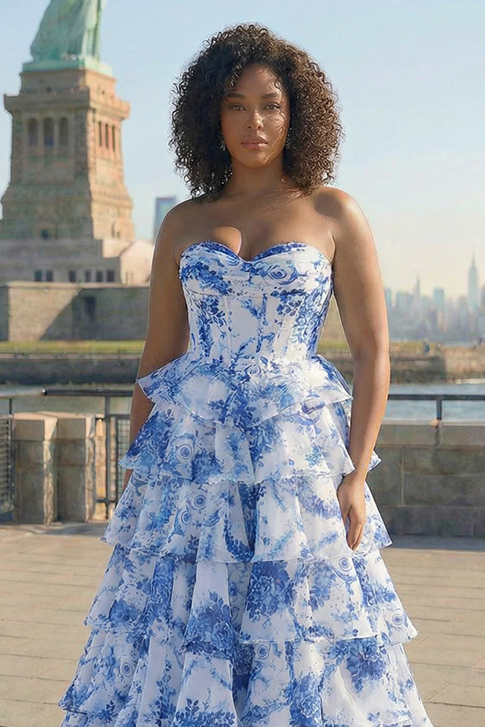 Blue White Flower A-Line Basque Waist Tiered Long Plus Size Prom Dress with Slit - Image 3