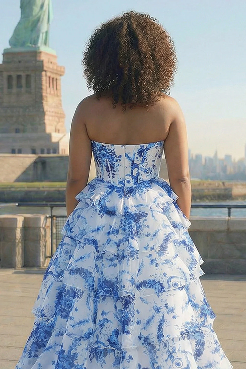 Blue White Flower A-Line Basque Waist Tiered Long Plus Size Prom Dress with Slit - Image 4