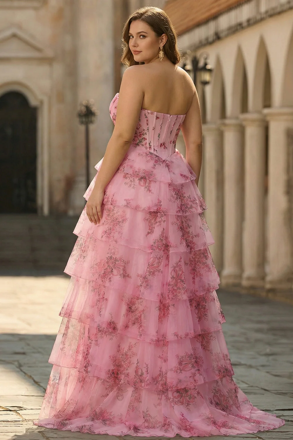Blue White Flower A-Line Basque Waist Tiered Long Plus Size Prom Dress with Slit - Image 6