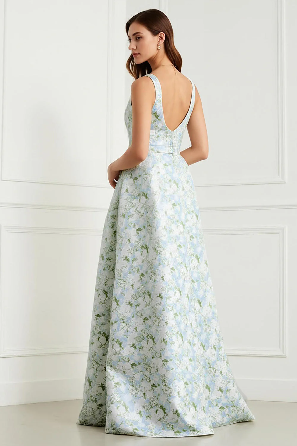 Blue White Flower A-Line Bowed Long Satin Print Wedding Guest Dress with Slit - Image 2