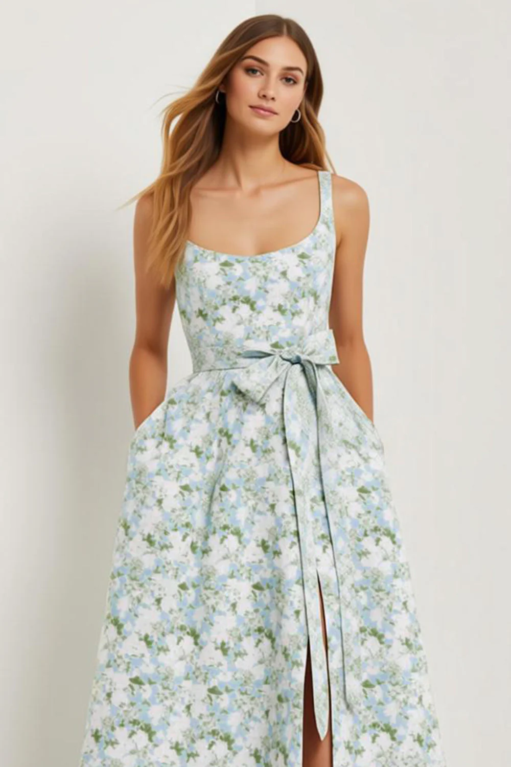 Blue White Flower A-Line Bowed Long Satin Print Wedding Guest Dress with Slit - Image 3