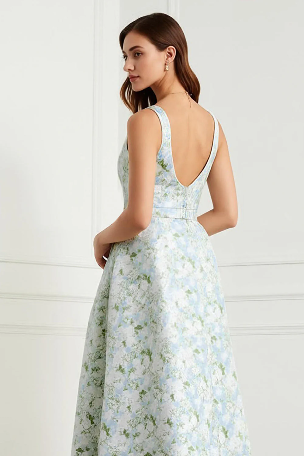 Blue White Flower A-Line Bowed Long Satin Print Wedding Guest Dress with Slit - Image 4