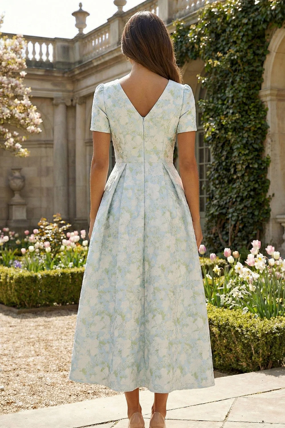 Blue White Flower A-Line Printed Short Sleeves Midi Dress - Image 2