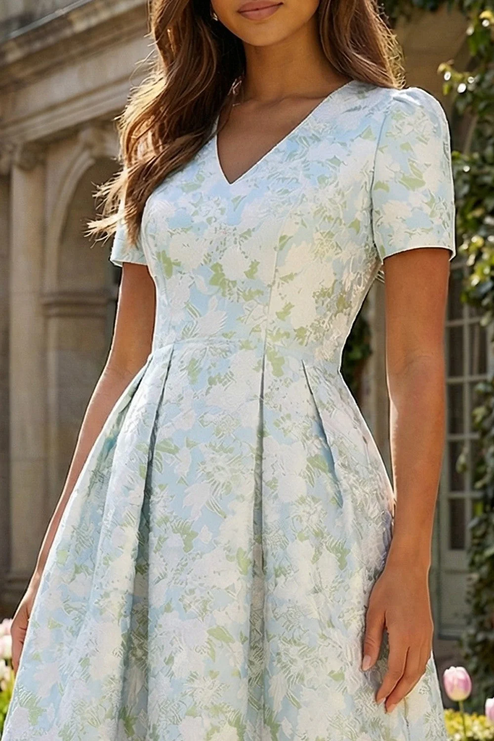 Blue White Flower A-Line Printed Short Sleeves Midi Dress - Image 3