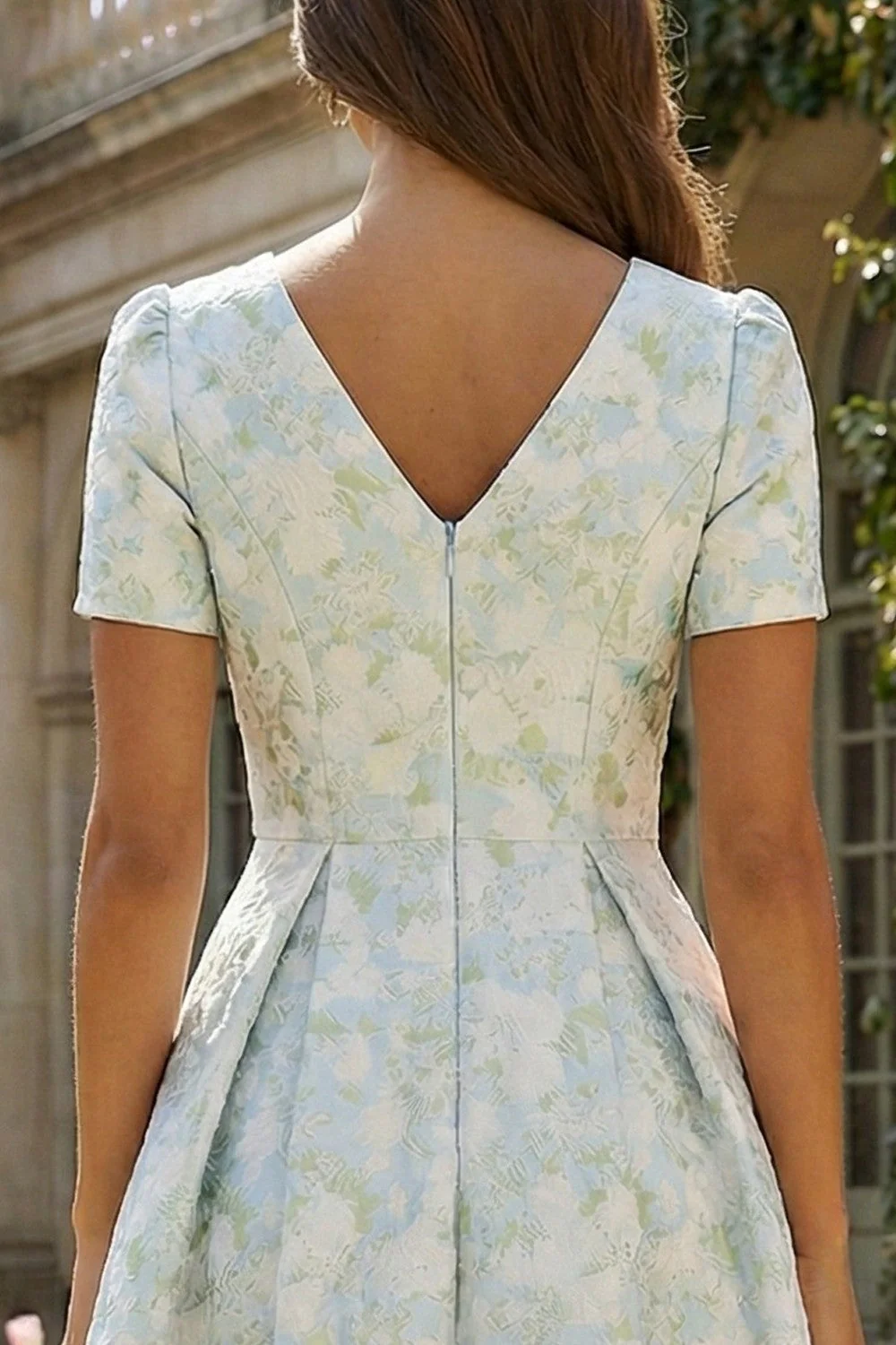 Blue White Flower A-Line Printed Short Sleeves Midi Dress - Image 4