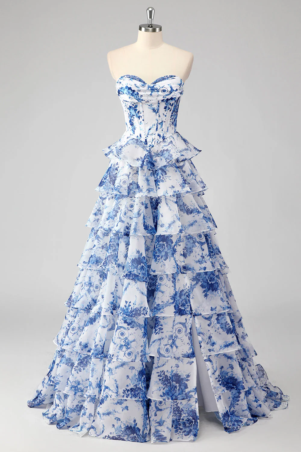 Floral A Line Strapless Corset Tiered Blush Prom Dress with Slit - Image 12