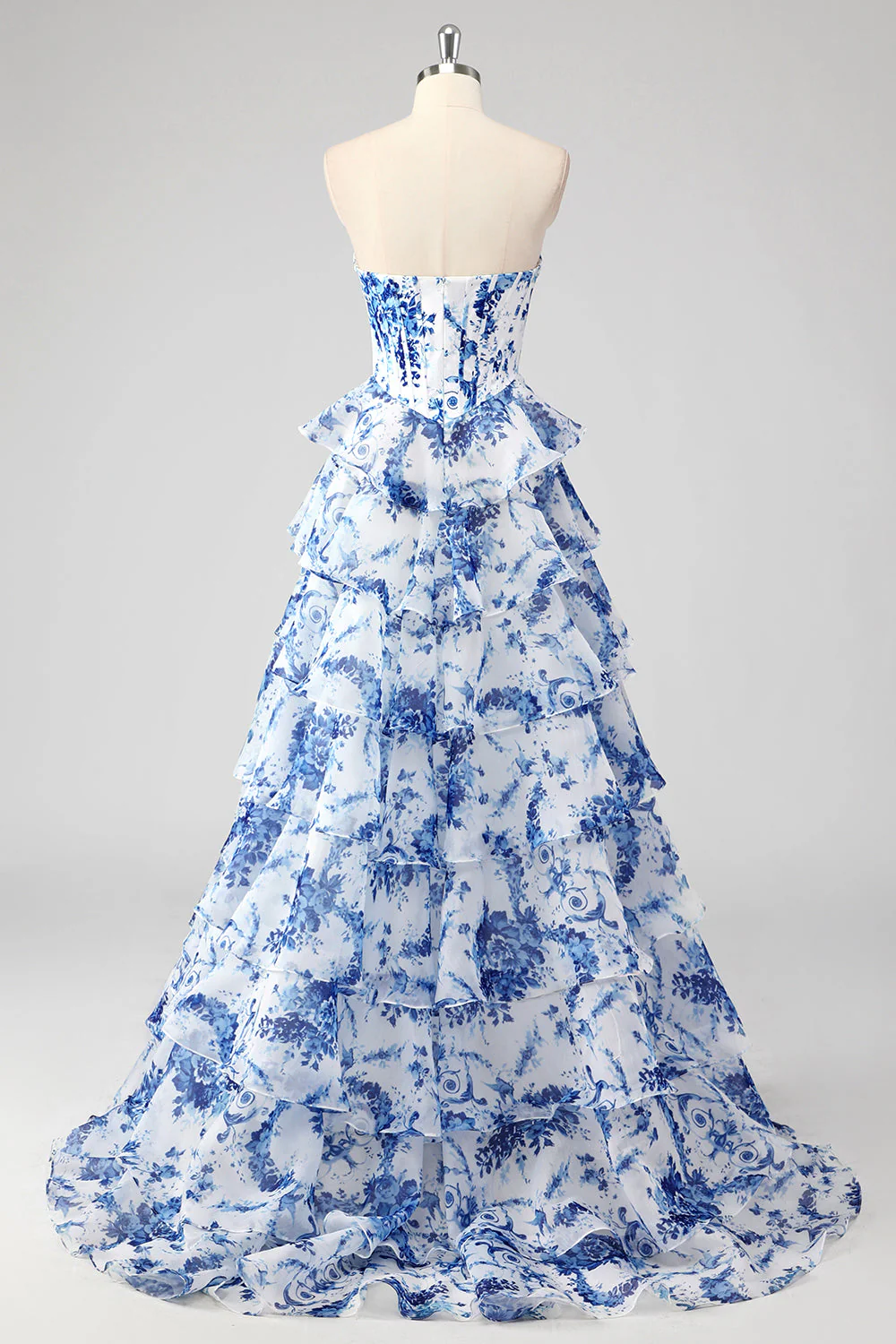 Floral A Line Strapless Corset Tiered Blush Prom Dress with Slit - Image 13