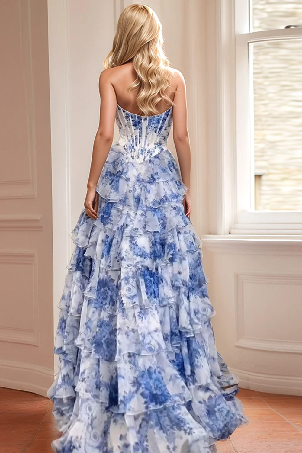 Floral A Line Strapless Corset Tiered Blush Prom Dress with Slit - Image 10