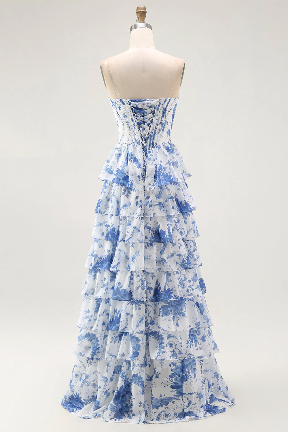 Blue White Flower A-Line Tiered Corset Long Prom Dress with Slit - Image 2