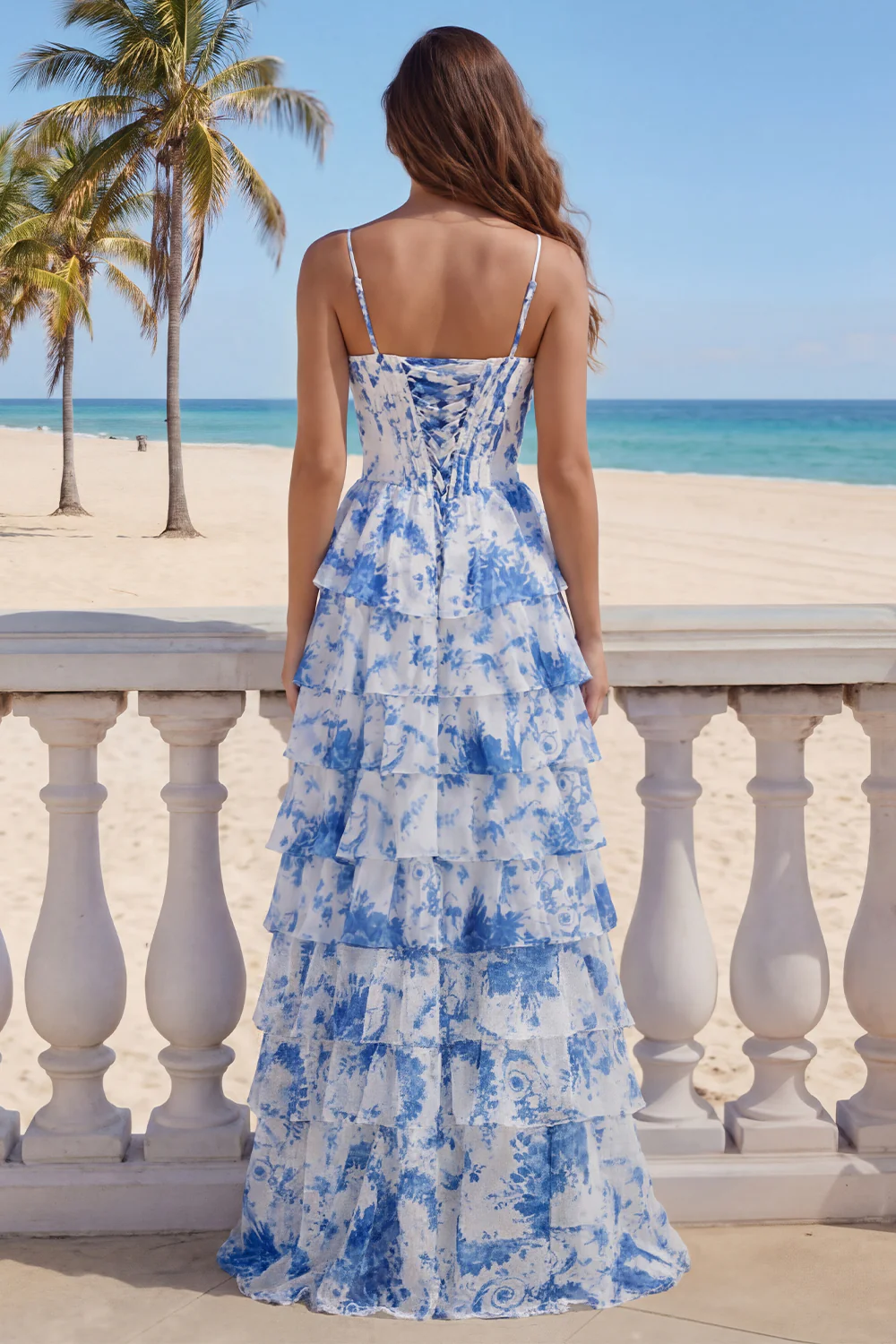 Blue White Flower A-Line Tiered Corset Long Prom Dress with Slit - Image 4
