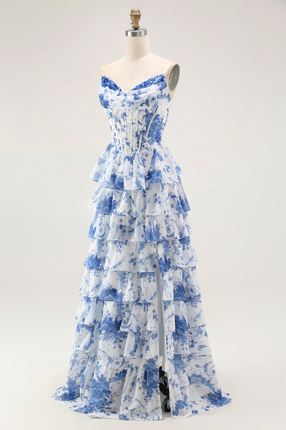 Blue White Flower A-Line Tiered Corset Long Prom Dress with Slit - Image 5