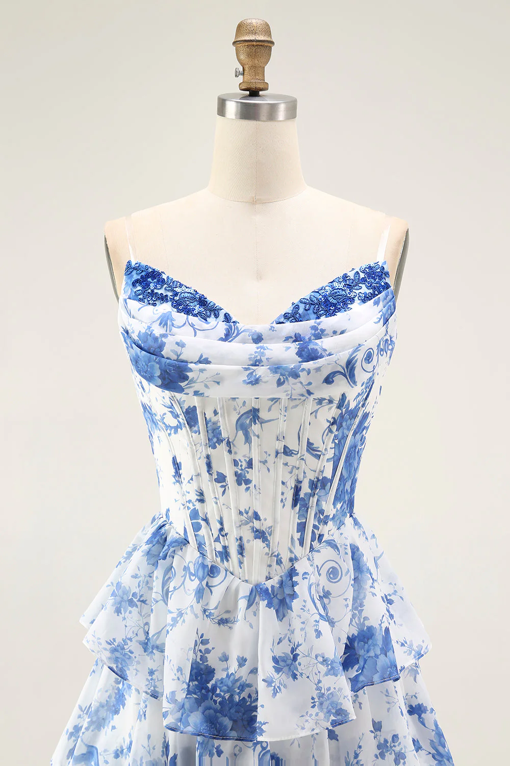 Blue White Flower A-Line Tiered Corset Long Prom Dress with Slit - Image 6