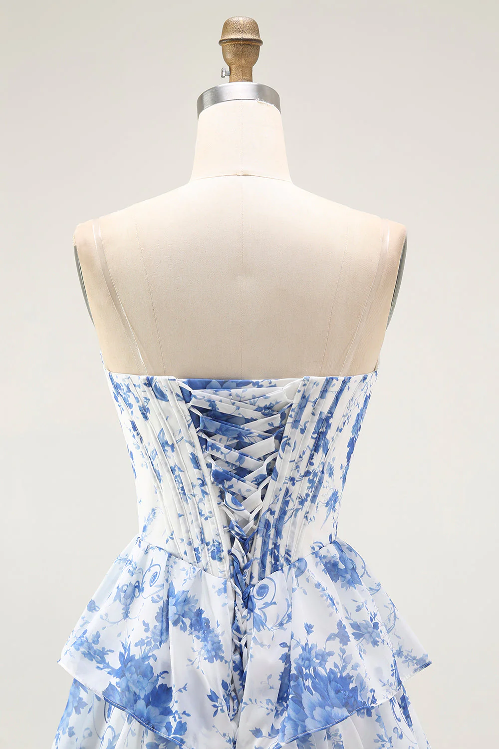Blue White Flower A-Line Tiered Corset Long Prom Dress with Slit - Image 7