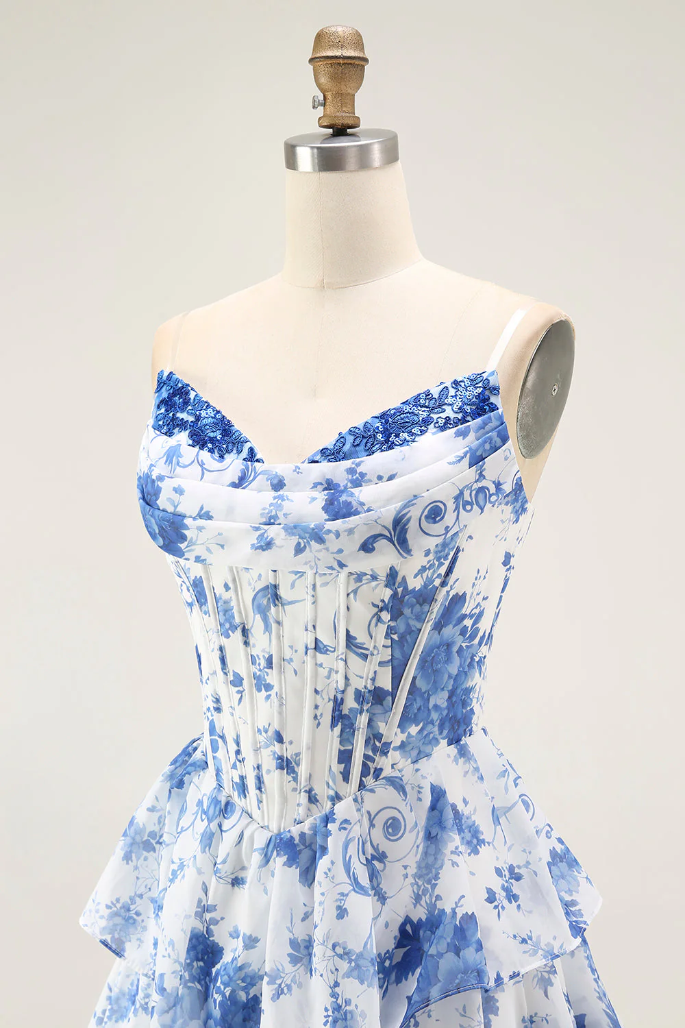 Blue White Flower A-Line Tiered Corset Long Prom Dress with Slit - Image 8