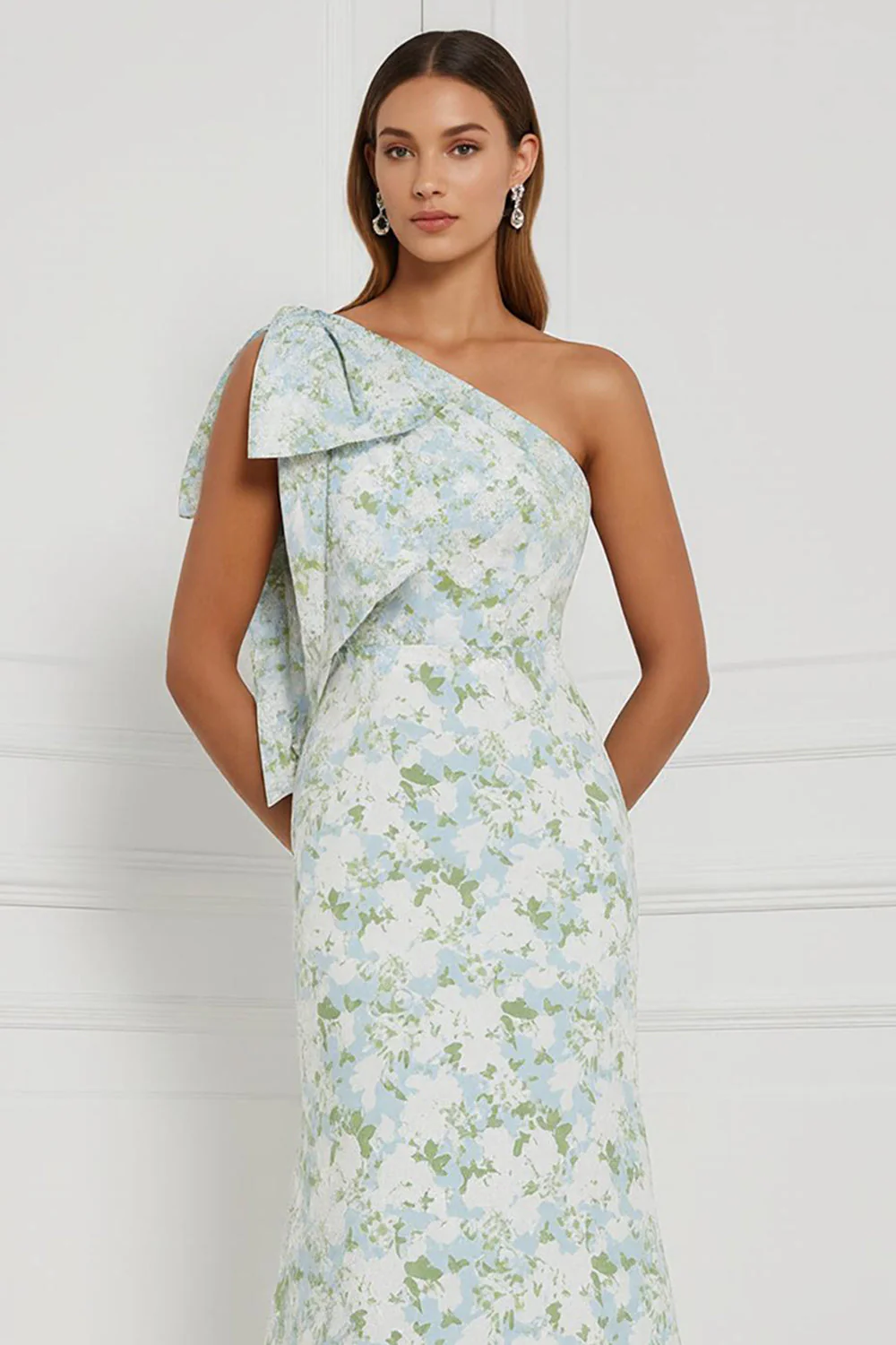 Blue White Flower One Shoulder Mermaid Print Long Bridesmaid Dress with Bow - Image 3