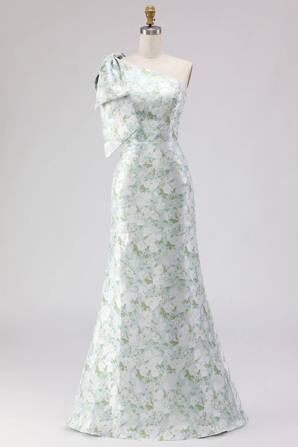 Blue White Flower One Shoulder Mermaid Print Long Bridesmaid Dress with Bow - Image 5