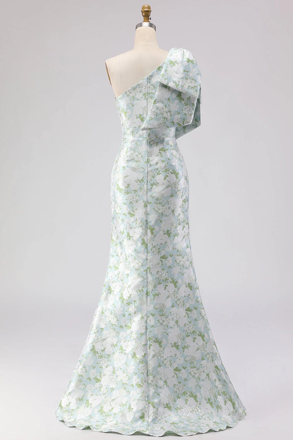 Blue White Flower One Shoulder Mermaid Print Long Bridesmaid Dress with Bow - Image 6