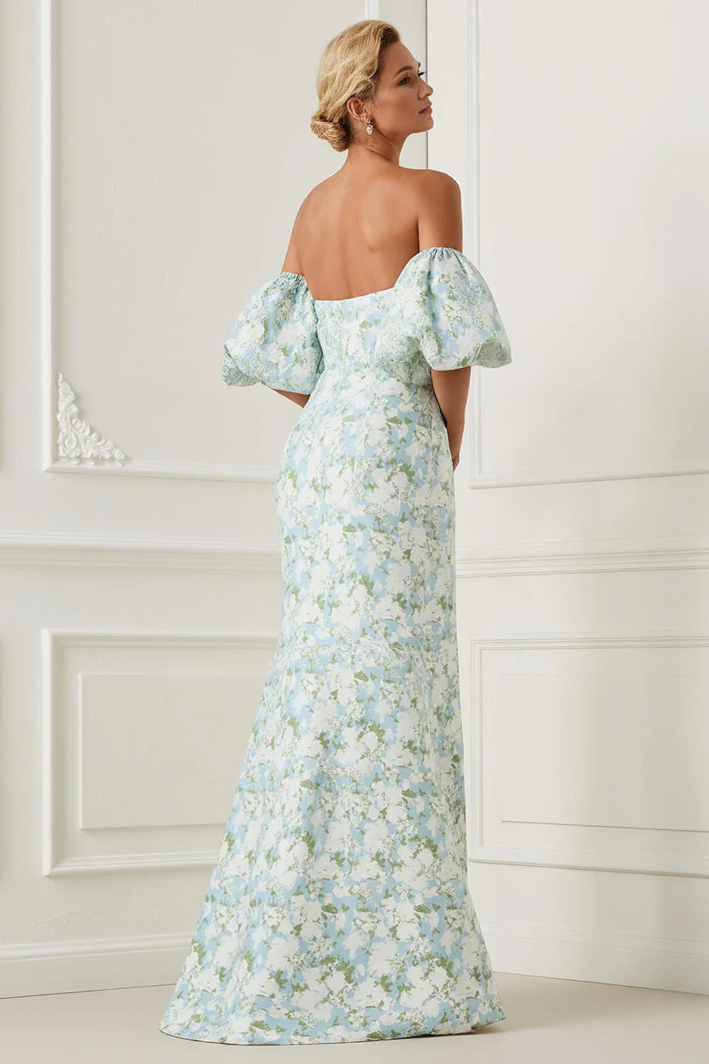 Blue White Flower Strapless Mermaid Satin Convertible Dress with Removable Sleeves - Image 2