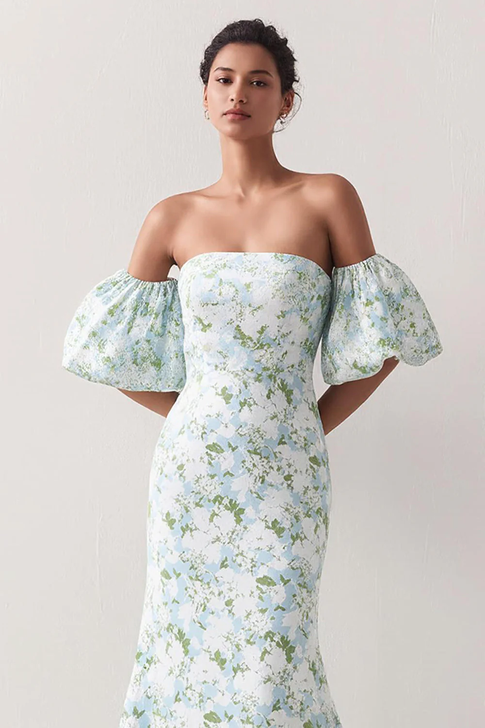 Blue White Flower Strapless Mermaid Satin Convertible Dress with Removable Sleeves - Image 3