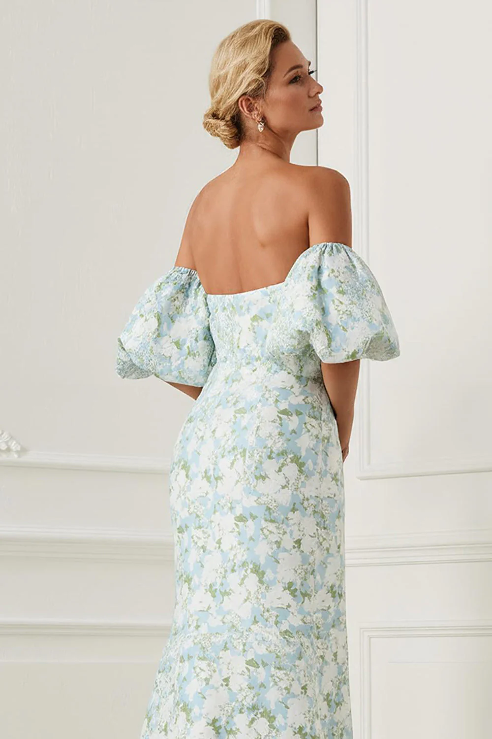Blue White Flower Strapless Mermaid Satin Convertible Dress with Removable Sleeves - Image 4