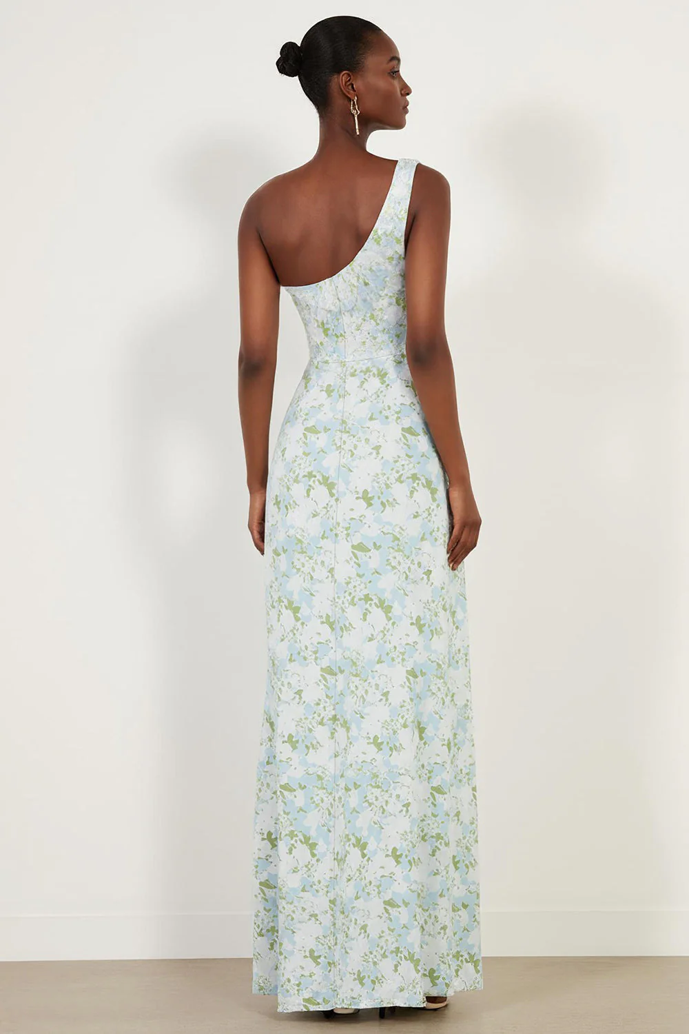 Blue White Flower One Shoulder Sheath Print Long Bridesmaid Dress with Slit - Image 2