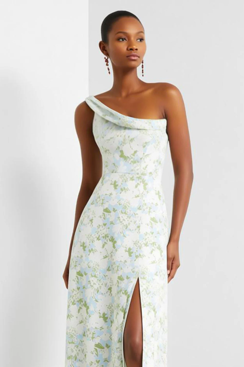 Blue White Flower One Shoulder Sheath Print Long Bridesmaid Dress with Slit - Image 3