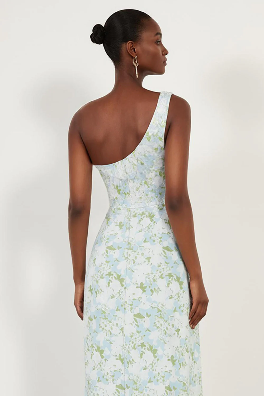 Blue White Flower One Shoulder Sheath Print Long Bridesmaid Dress with Slit - Image 4