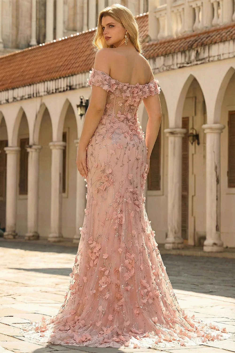 Blush 3D Flowers Mermaid Off the Shoulder Long Plus Size Prom Dress With Slit - Image 2