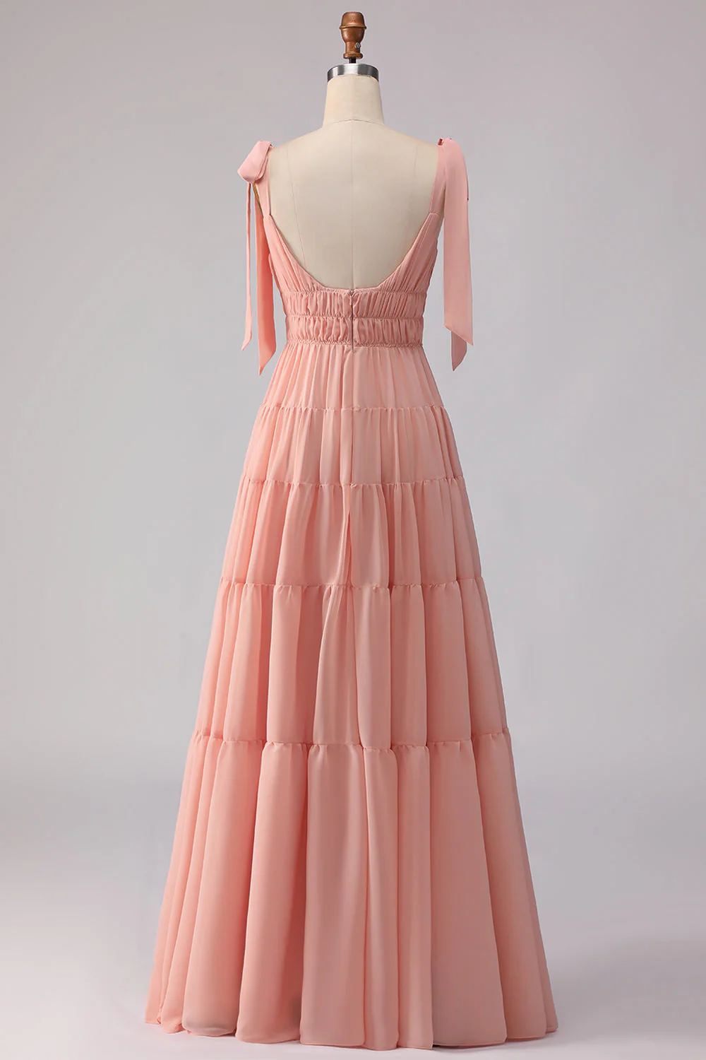 Blush A Line Bow Straps Ruched Open Back Chiffon Long Bridesmaid Dress - Image 2