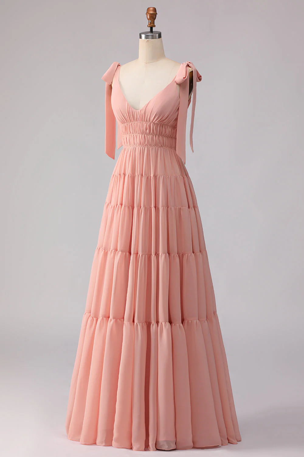 Blush A Line Bow Straps Ruched Open Back Chiffon Long Bridesmaid Dress - Image 3