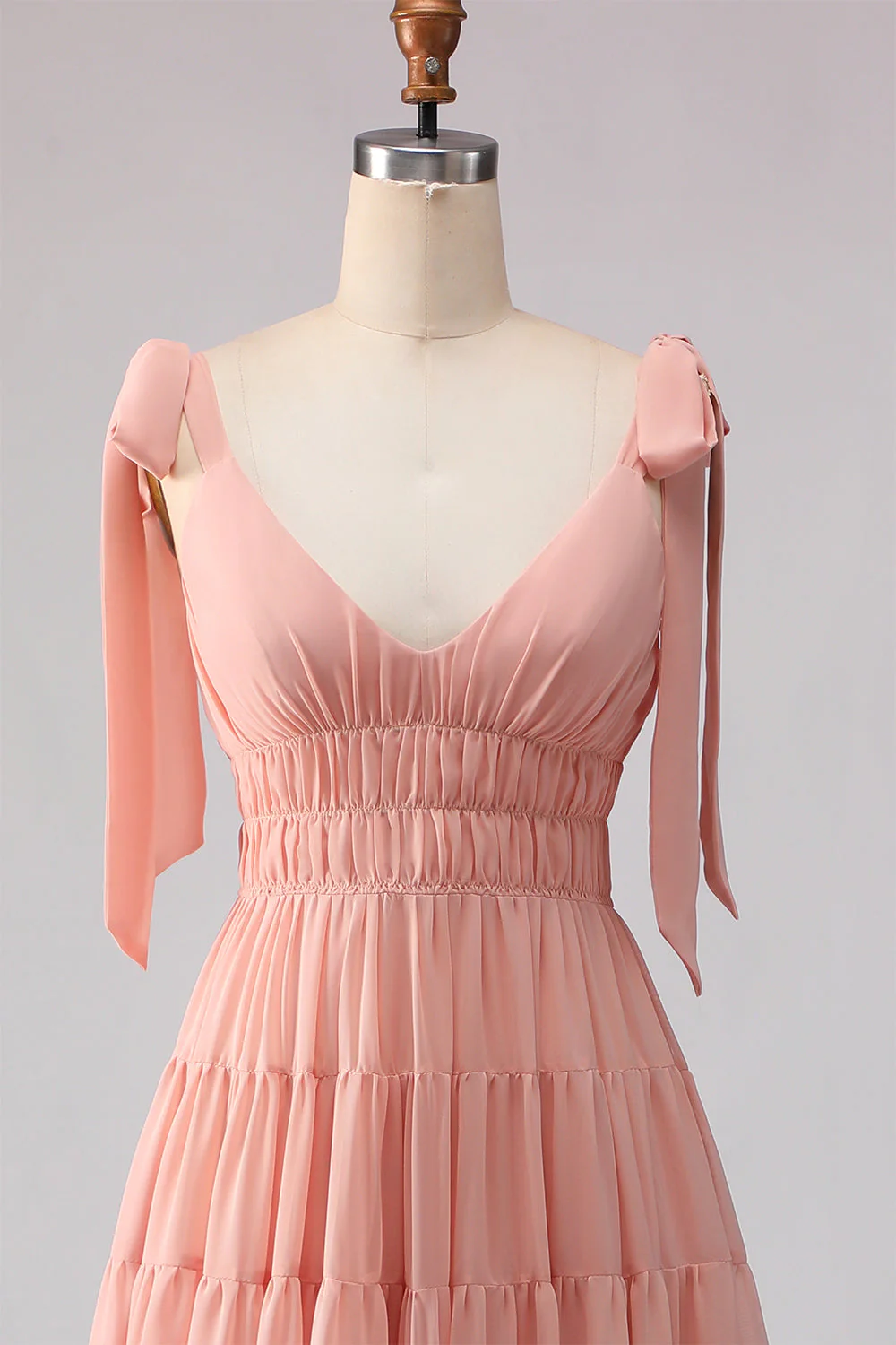Blush A Line Bow Straps Ruched Open Back Chiffon Long Bridesmaid Dress - Image 4