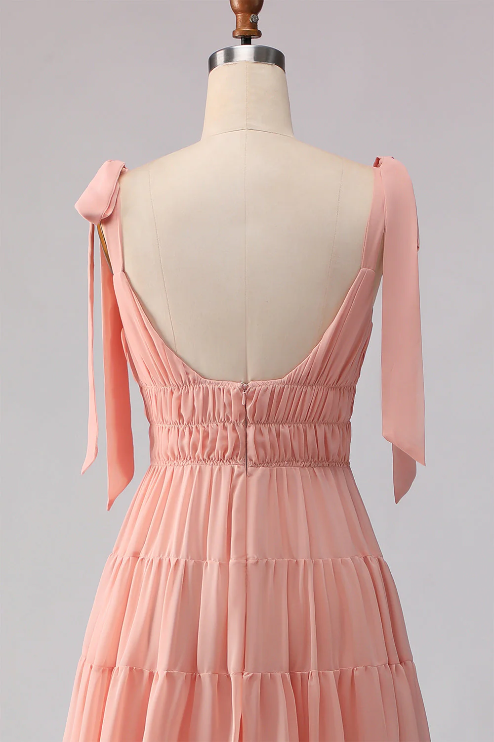 Blush A Line Bow Straps Ruched Open Back Chiffon Long Bridesmaid Dress - Image 5