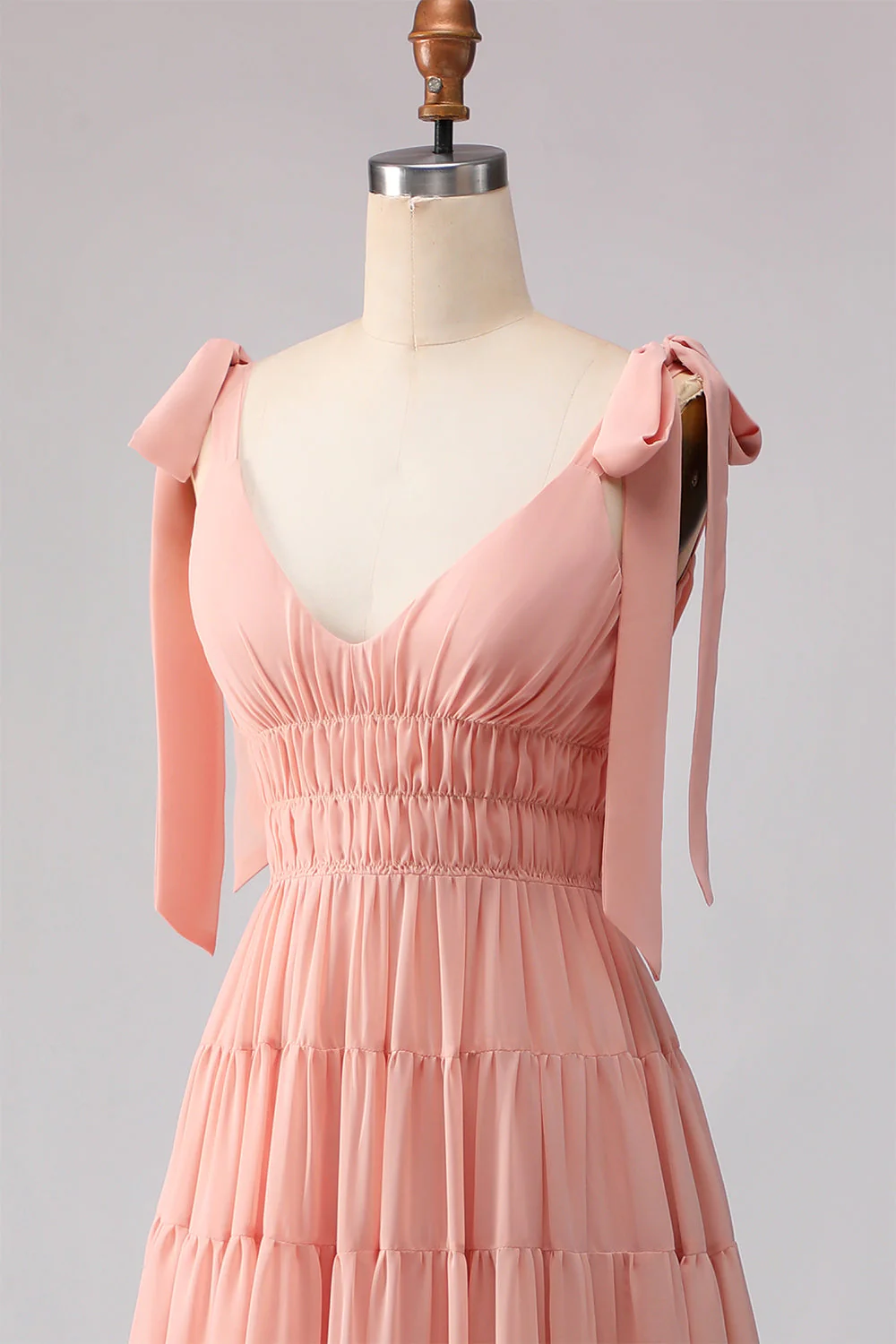 Blush A Line Bow Straps Ruched Open Back Chiffon Long Bridesmaid Dress - Image 6