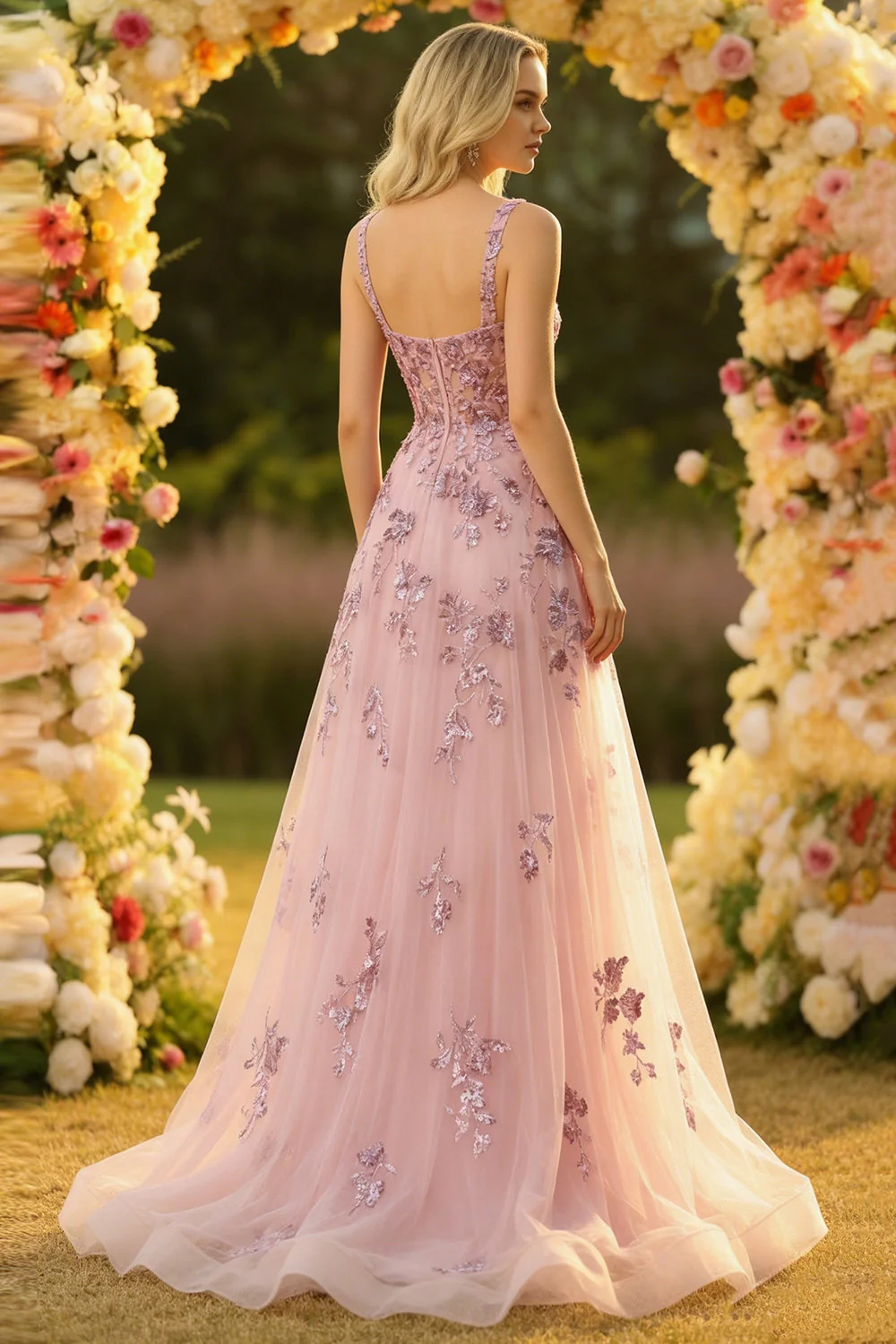 Blush A Line Embroidered Square Neck Long Tulle Prom Dress - Image 3