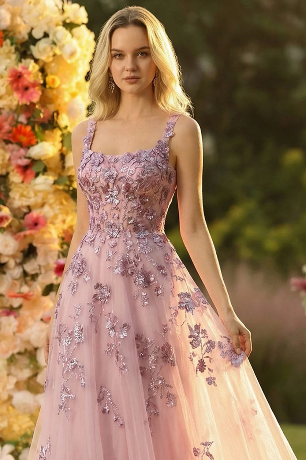 Blush A Line Embroidered Square Neck Long Tulle Prom Dress - Image 4