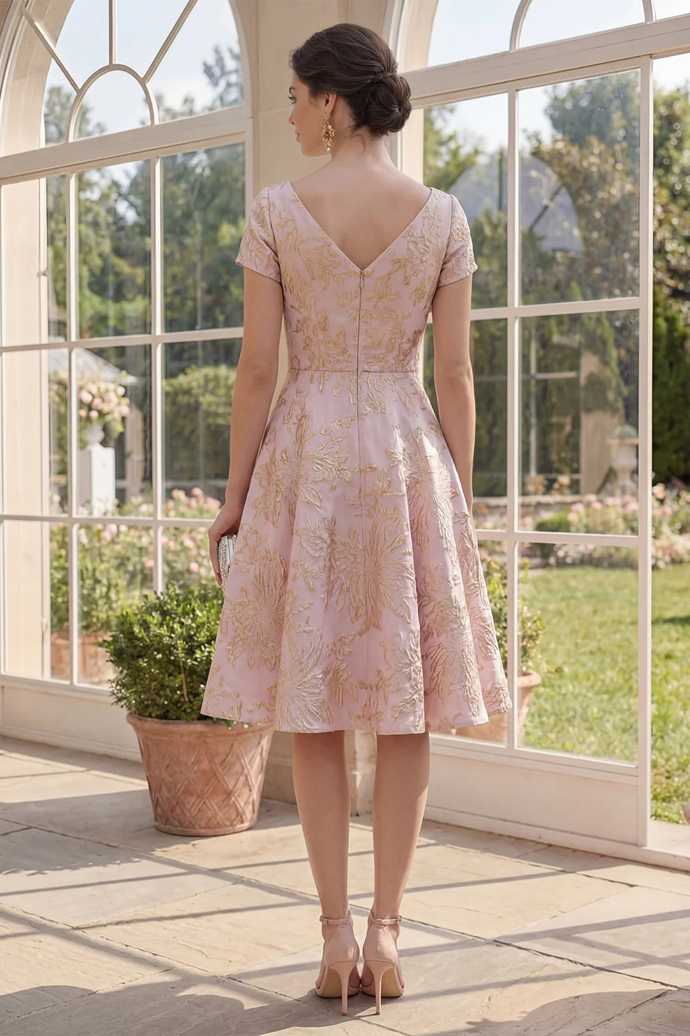 Blush A Line V-Neck Jacquard Midi Floral Dress with Short Sleeves - Image 2