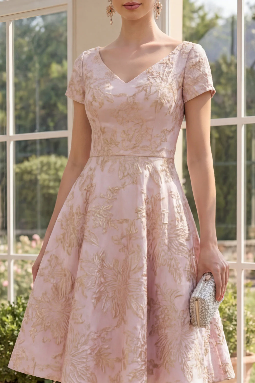 Blush A Line V-Neck Jacquard Midi Floral Dress with Short Sleeves - Image 3