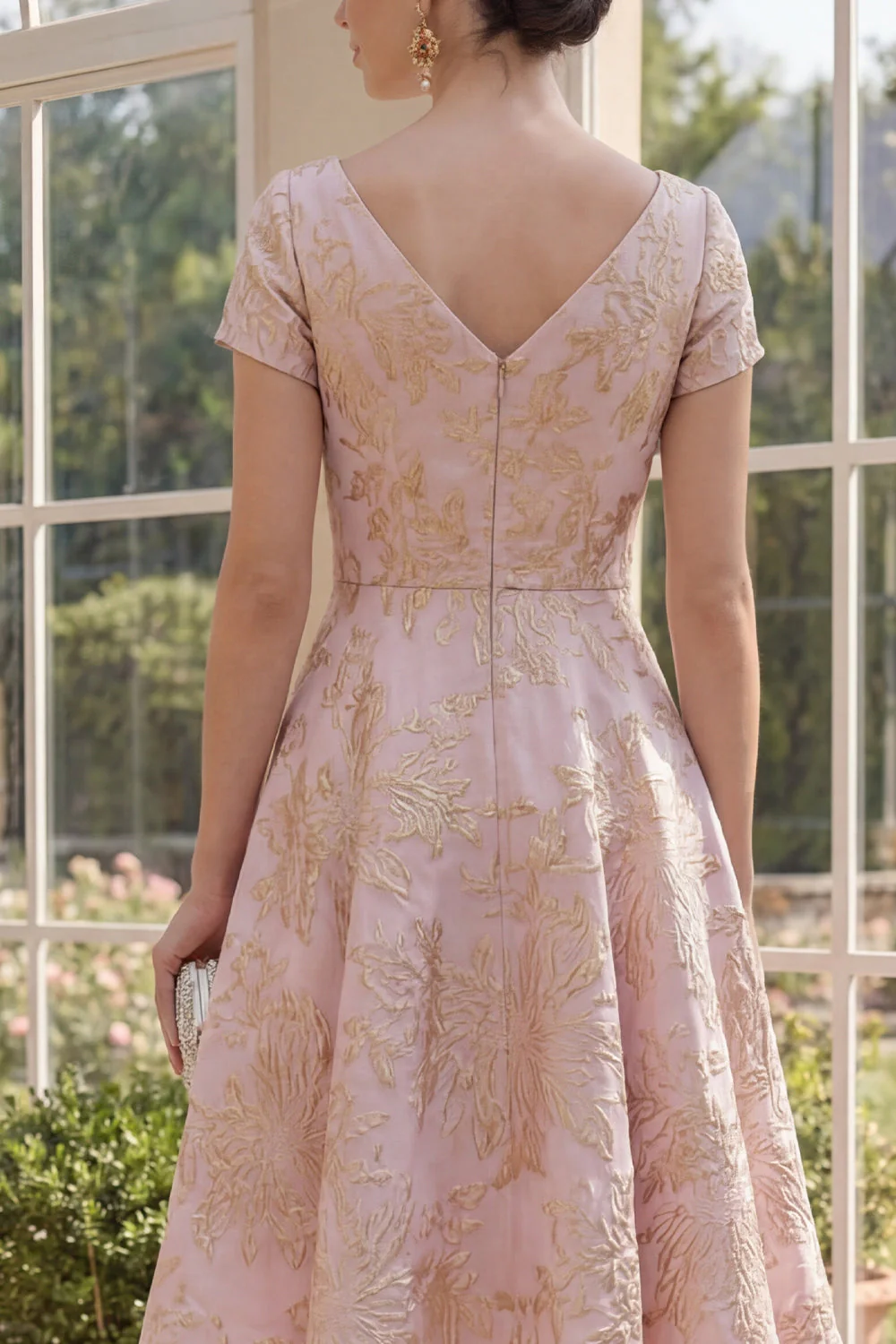 Blush A Line V-Neck Jacquard Midi Floral Dress with Short Sleeves - Image 4