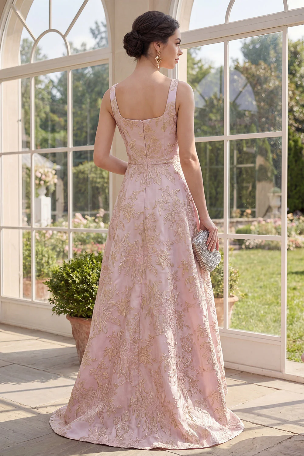 Elegant Blush A-Line Square Neck Jacquard Maxi Floral Dress - Image 2