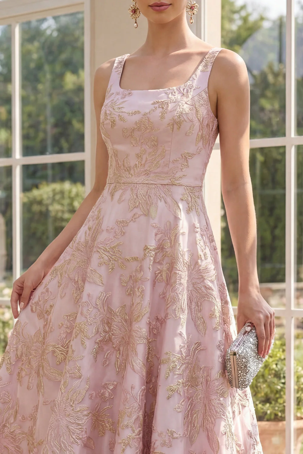 Elegant Blush A-Line Square Neck Jacquard Maxi Floral Dress - Image 3