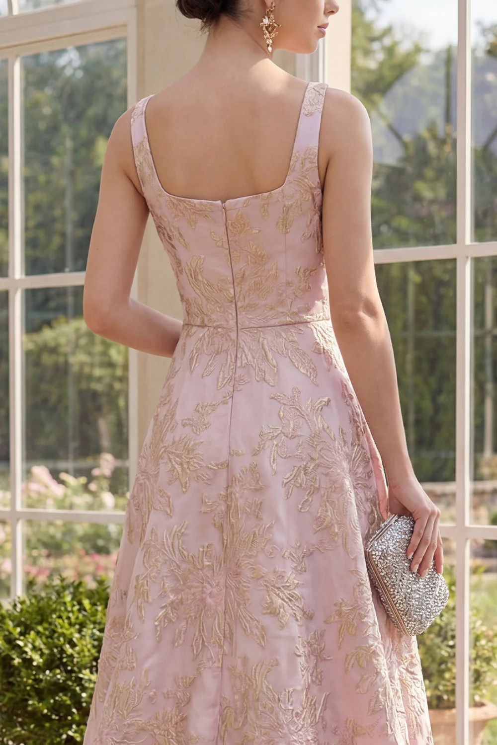 Elegant Blush A-Line Square Neck Jacquard Maxi Floral Dress - Image 4