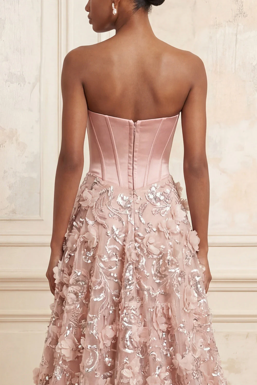 Strapless Blush A-Line Corset Sequin Long Prom Dress with 3D Flowers - Image 4