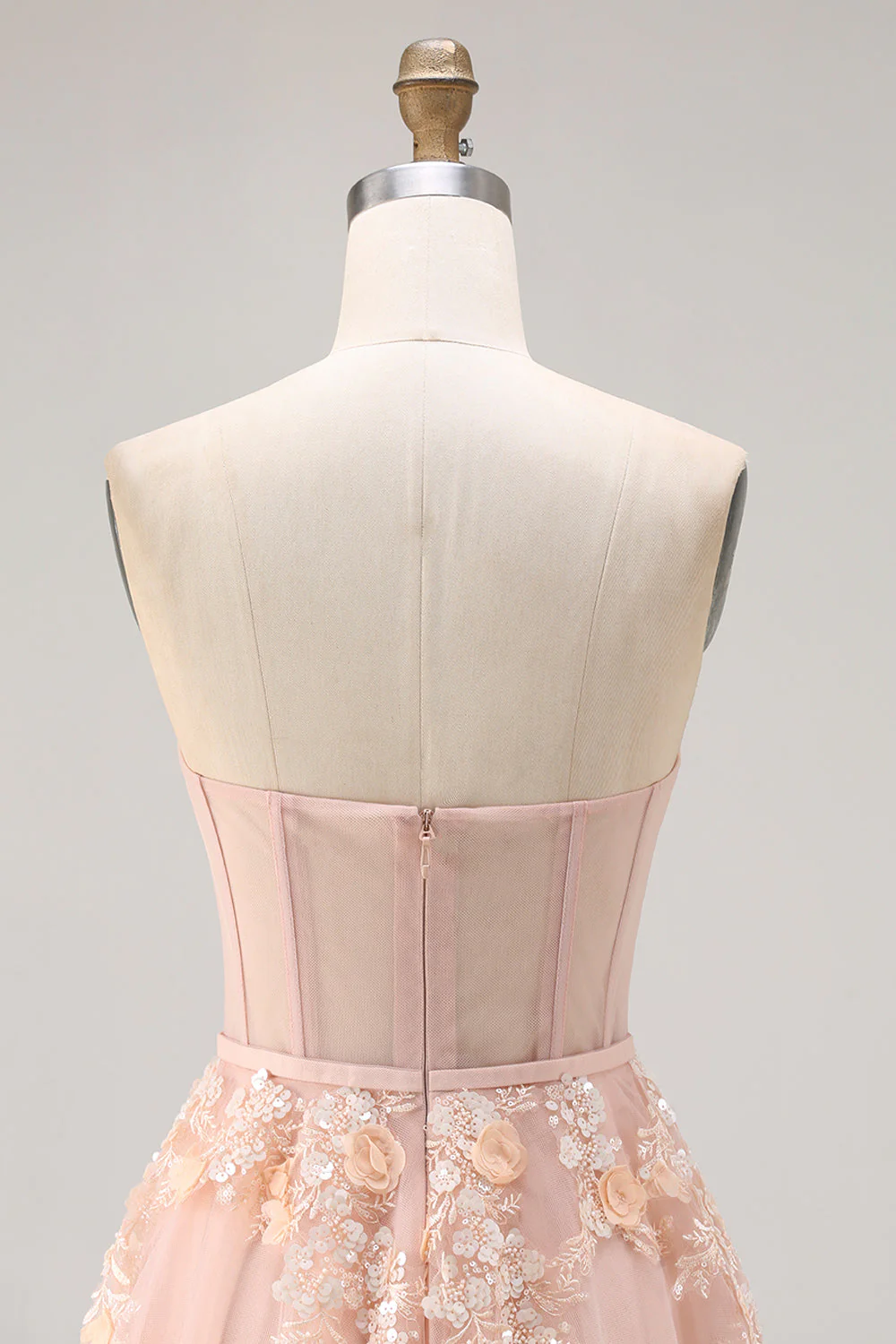 Blush A-Line Tulle Appliqued Corset Convertible Long Prom Dress with Sleeves - Image 10