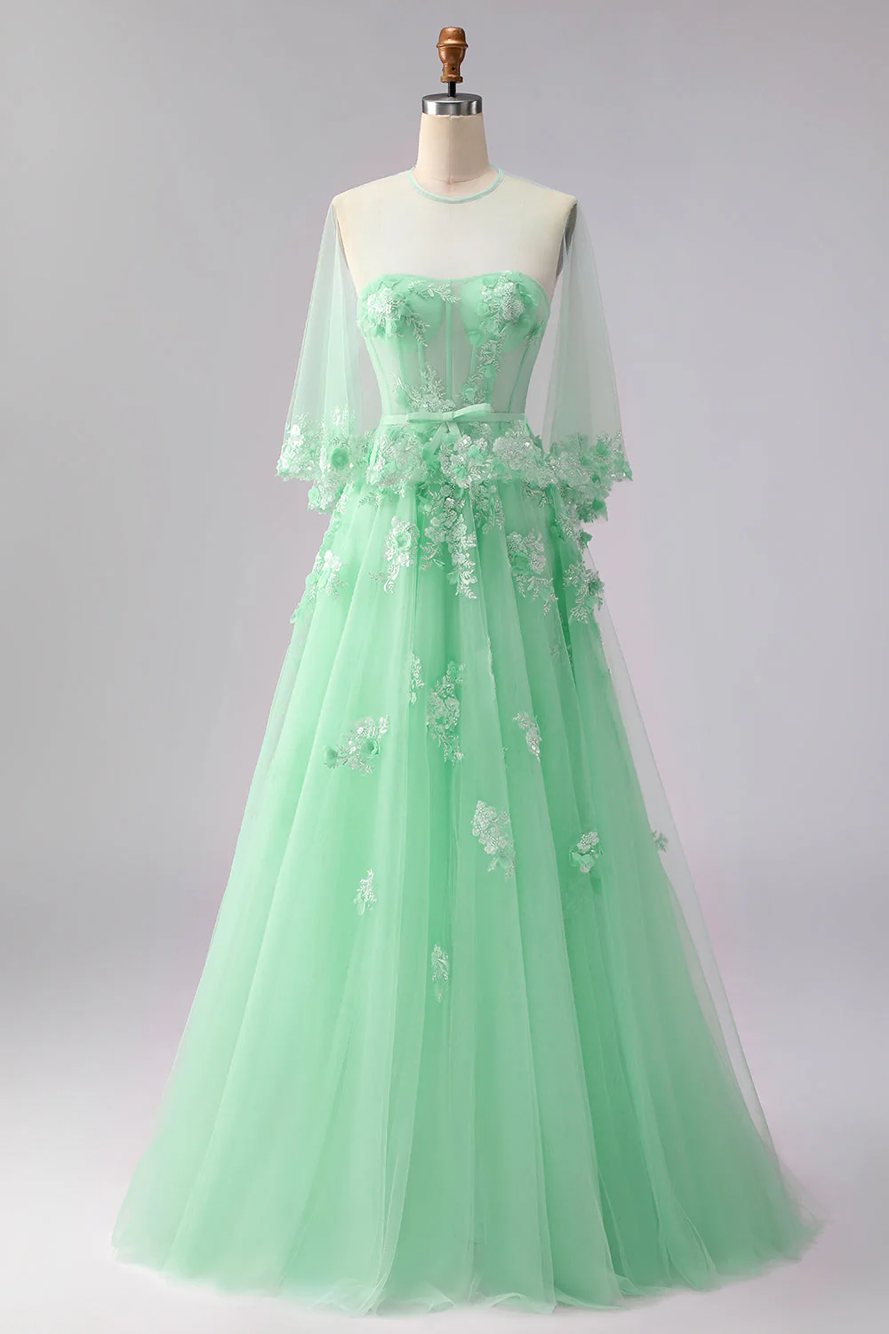 Blush A-Line Tulle Appliqued Corset Convertible Long Prom Dress with Sleeves - Image 11