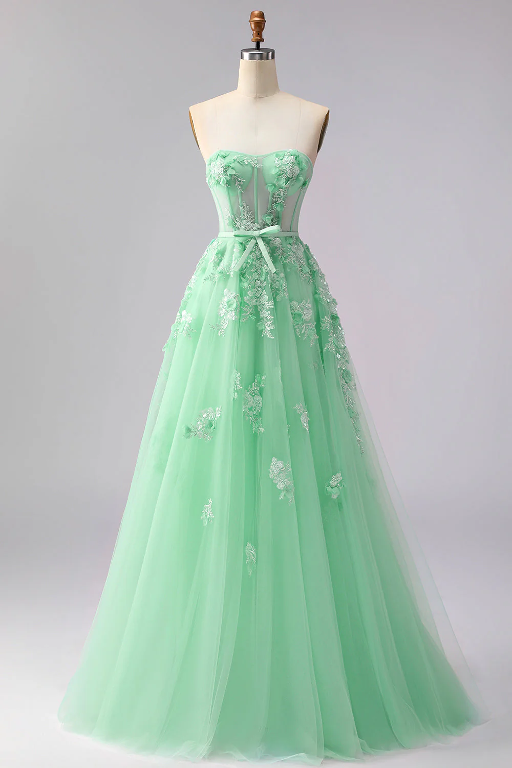 Blush A-Line Tulle Appliqued Corset Convertible Long Prom Dress with Sleeves - Image 14