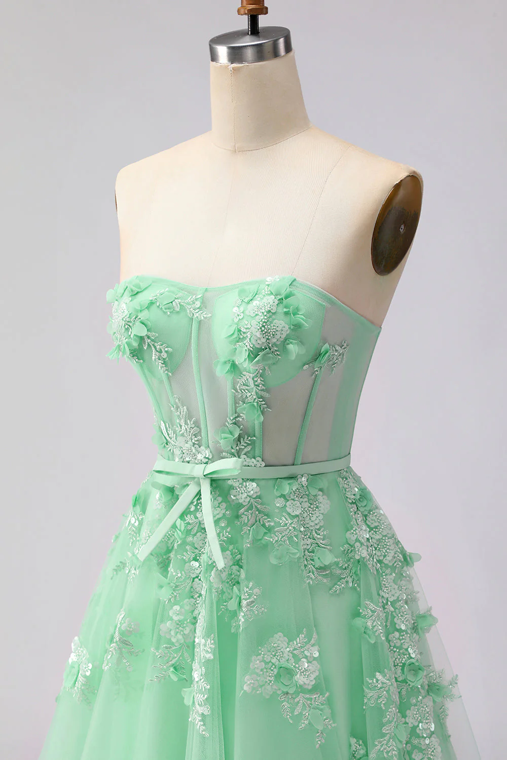 Blush A-Line Tulle Appliqued Corset Convertible Long Prom Dress with Sleeves - Image 19