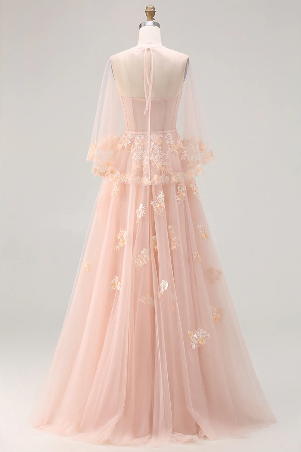 Blush A-Line Tulle Appliqued Corset Convertible Long Prom Dress with Sleeves - Image 2