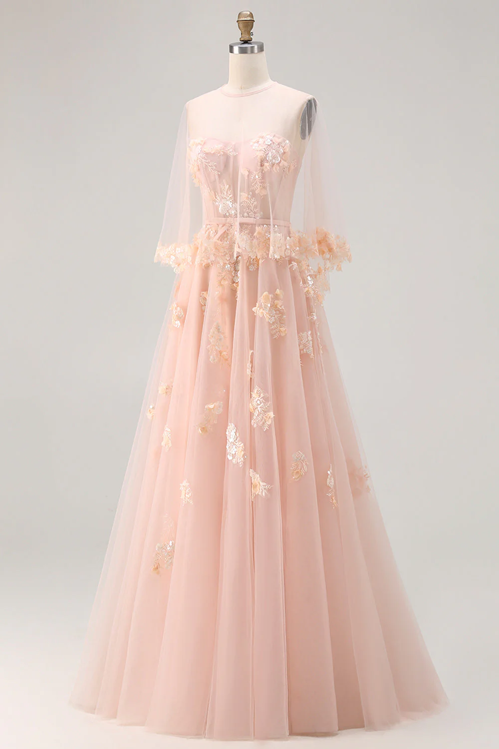 Blush A-Line Tulle Appliqued Corset Convertible Long Prom Dress with Sleeves - Image 3