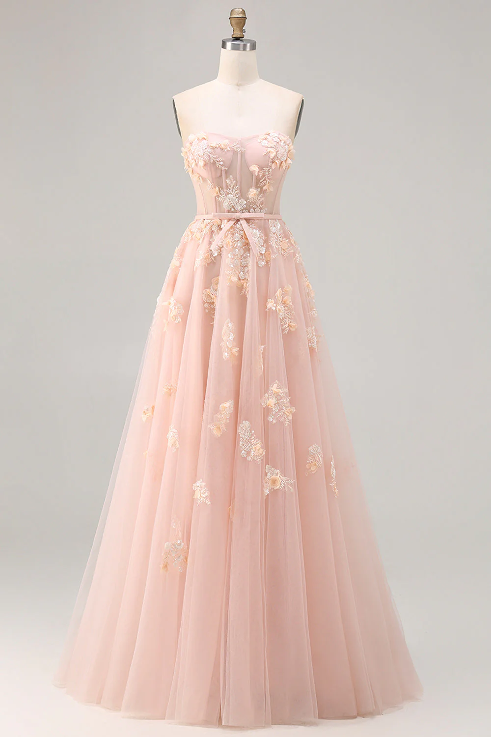 Blush A-Line Tulle Appliqued Corset Convertible Long Prom Dress with Sleeves - Image 4